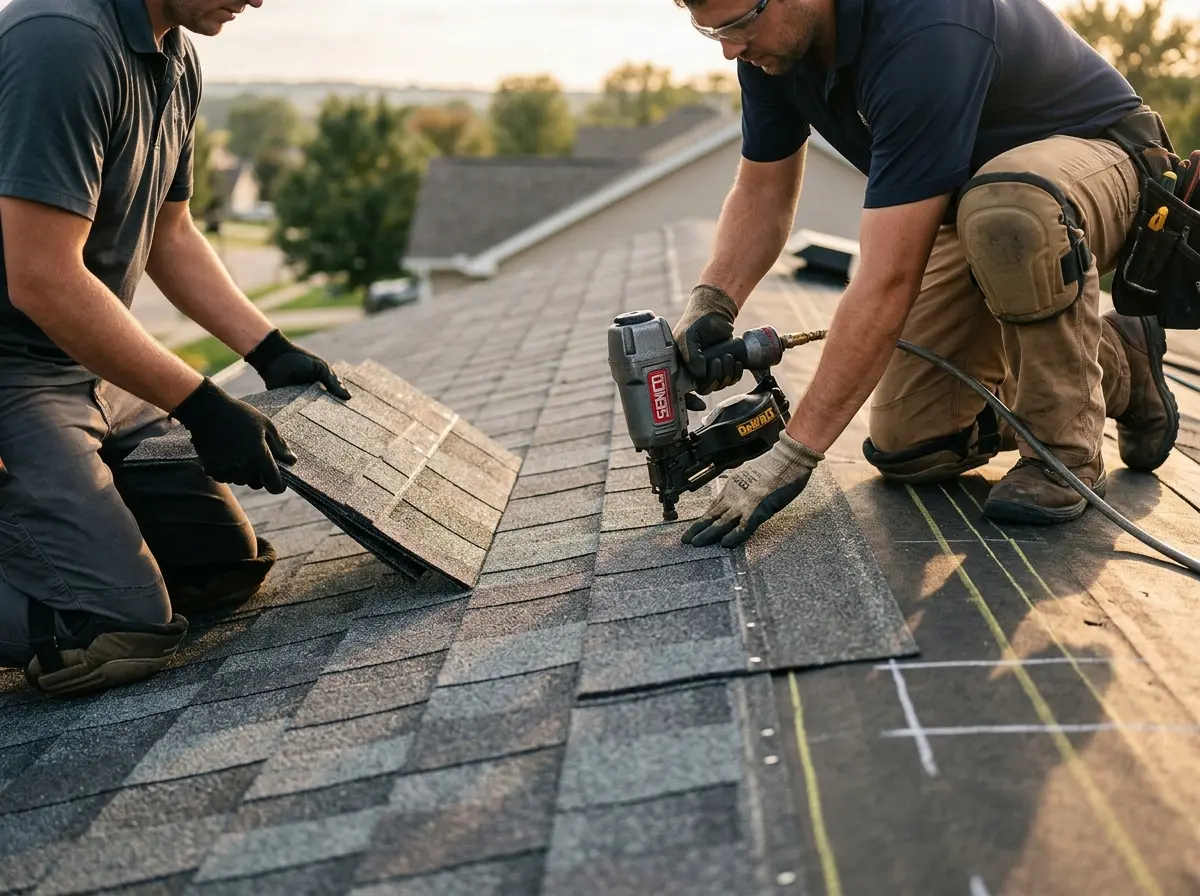 Professional roofer working on a residential roof in South Hill